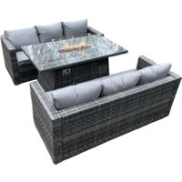 Fimous 6-Sitzer Outdoor PE Rattan Gartenmöbel Gas Feuer Grube Esstisch Set Lounge Sofa Drei Sitzer Sofa Dunkelgrau gemischte Terrasse