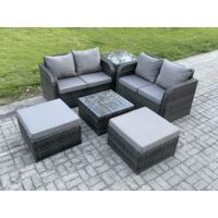 Fimous 6-Sitzer Hoher Rücken Polyrattan Gartenmöbel Set mit Quadratischer Couchtisch 2 hohen Hockern Love Sofa Garten Lounge Set Dunkelgrau Gemischt