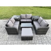 Fimous Gartenmöbel-Sets 7-Sitzer Polyrattan Möbel Sofa Sets mit Rechteckiger Couchtisch Love Sofa 2 Beistelltischen 2 Großer Hockern Dunkelgrau Gemischt