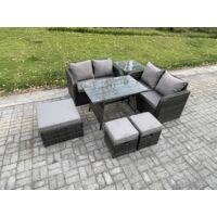 Fimous Gartenmöbel-Sets 7 Stücke Rattan Gartenmöbel im Freien Sofa Set mit 2 hohen Hockern Beistelltisch Dunkelgrau Gemischt