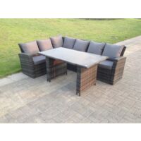 Fimous 6 Sitzer Hoher Rücken Rattan Gartenmöbel-Set Ecksofa mit Schwarz gehärtet Esstisch Esstisch