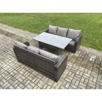 Fimous Rattan Gartenmöbel-Set mit Langer rechteckiger Esstisch 6 Sitzer Outdoor 3 Sitzer Sofa Set Dunkelgrau gemischt
