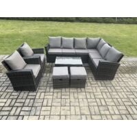 Fimous 10 Sitzer Hoher Rücken Rattan Gartenmöbel Set Polyrattan Ecksofa Set mit Rechteckiger Couchtisch 2 kleine Fußhockern Sesselns Dunkelgrau gemischt