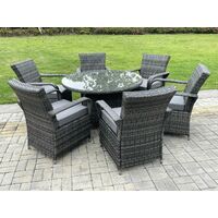 Fimous 6-Sitzer Rattan Gartenmöbel Set Polyrattan Essgruppe Gartenlounge Wetterfest Stühle Runde Tische mit Glas für Rasen, Terrasse,Dunkelgrau Gemischt(6 Stühle+Groß Runder Tisch)