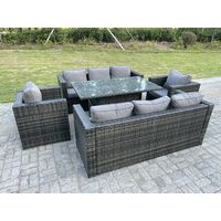 Fimous Outdoor Rattan Gartenmöbel Steigender Verstellbarer Anhebender Esstisch Sets Gartensofa Sitzgruppe Stühle Dunkelgrau 8-Sitzer