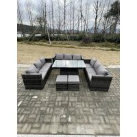 Fimous U Form Outdoor Rattan Gartenmöbel Sofa Set Lounge Einstellbare Steigende Hubtische Fußhocker Dunkelgrau Gemischt