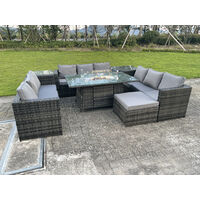 Fimous 10-Sitzer U Form Gartensofa Outdoor Rattan Gartenmöbel Set Gas Feuerstelle Brenner Tisch Sets mit Großer Hocker Beistelltisch