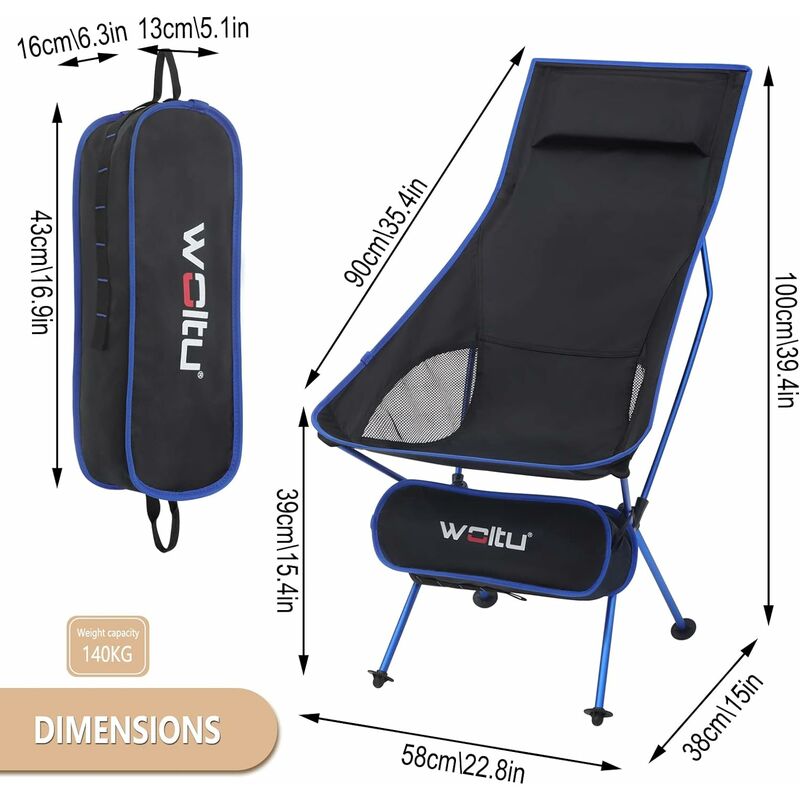 Camping Chair Fishing Chair Lightweight and Sturdy Foldable Armchair with  Carry Bag and Headrest, Blue + Black