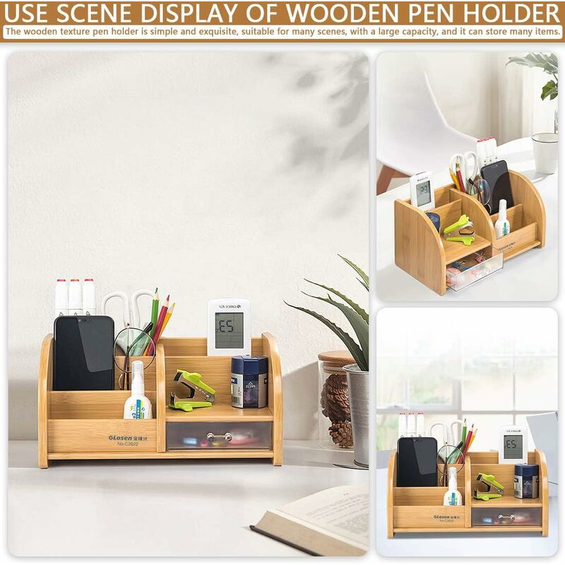 Bamboo Desk Organizer, Desk Storage with 5 Compartments, Wooden