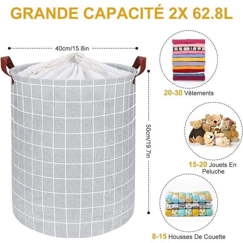 Collapsible Laundry Basket - 2X 62.8L Large Sized Round Waterproof Storage