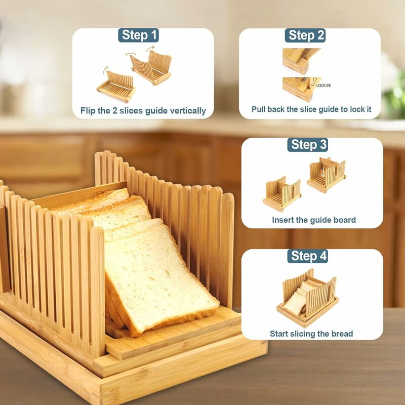 Kitchen Seven Bamboo Bread Slicer with Crumb Tray Bamboo Bread Cutter for  Homemade Bread, Loaf Cakes, Bagels Slicer, 3 Slice Sizes, Adjustable