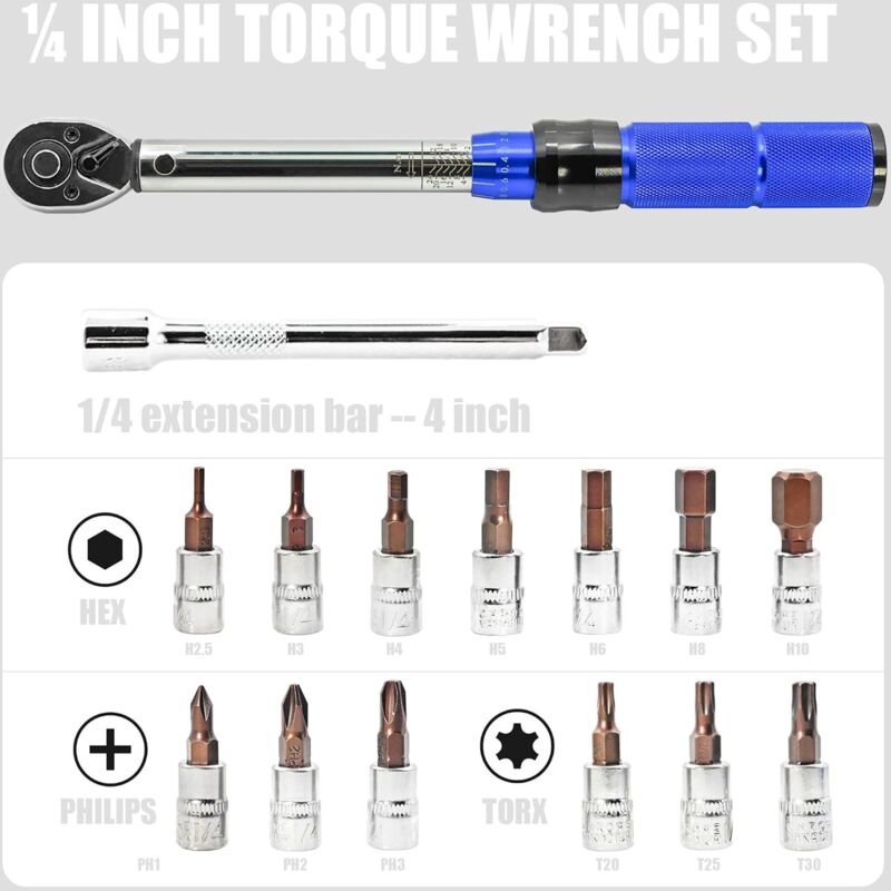 1/4 Inch Drive Torque Wrench,Bike Torque Wrench Set 2-24 Nm,15pcs