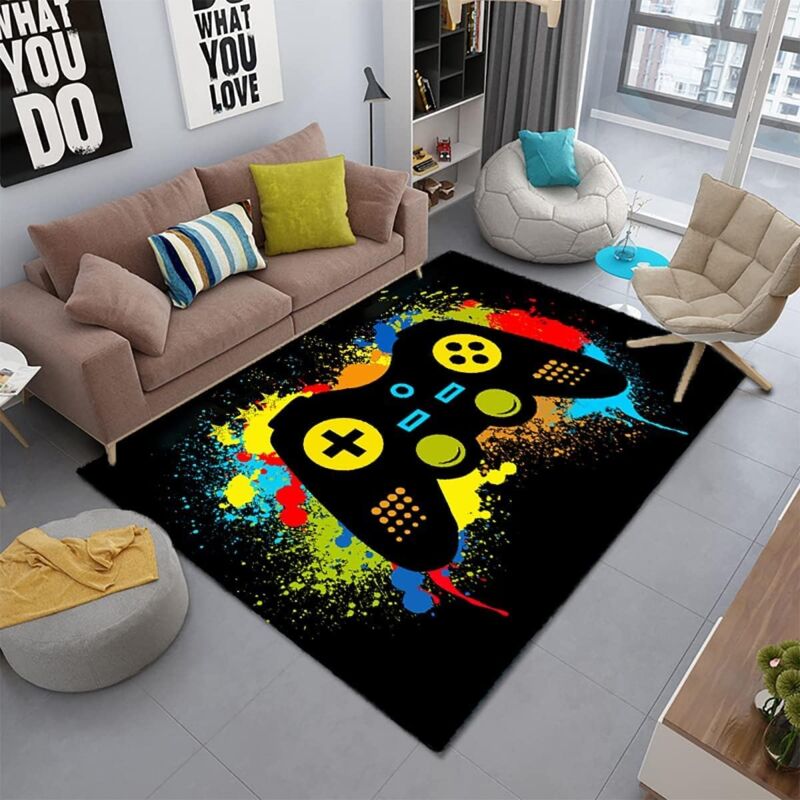 Modern 3D Gamer Gamer Bedroom Rug Non-Slip Graffiti Letter Game Console Decoration Rug Soft Flannel Area Rugs For Teen Child Boy (Colourful 120 X 160 Cm
