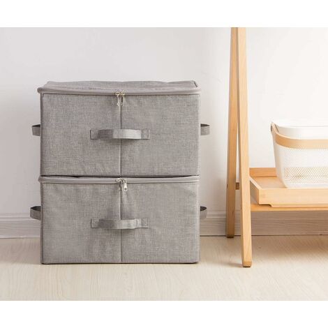 Folding Storage Box with Zippered Lid and Handles, Storage Basket with Linen Fabric, Removable Closet Drawer Dividers, Dark Gray, 2 Pieces