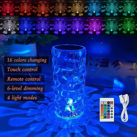 Wireless Crystal Table Lamp, 16 Colors & 4 Modes Rechargeable LED Table Lamp, Touch & Dimmable Crystal Lamp, RGB Color Changing Table Lamp