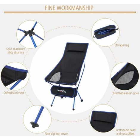 Camping Chair Fishing Chair Lightweight and Sturdy Foldable Armchair with  Carry Bag and Headrest, Blue +