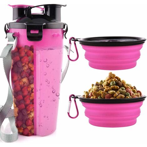 Dog Water Bottle with 2 Collapsible Bowls Portable 2 in 1 Water Bottle and Food for Dogs Cat Pets, Travel Bottle for Walking, Exercising, Hiking, Camping (Pink) (1/5)
