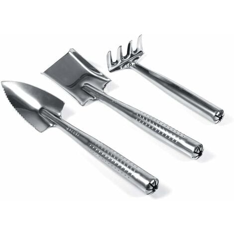 3X Plastic/Stainless Steel Shovel Spade Rake Handle Mini Garden Plant Tool Child Gardening Toy for Home Garden(Stainless Steel)