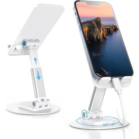 Phone Stand, Aluminum Foldable Tablet Stand with 360° Rotating Base Mobile Phone Holder for All Mobile Phone 4-8" Desk Accessories-White (1/5)