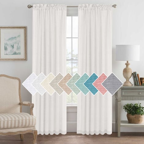 White Curtain - Sheer Window Curtains Light Filtering Half Sheer Eyelet Curtains Drapes Linen Voile Effect Home Decor, W 130 x H 215 cm, White, 2 Pieces