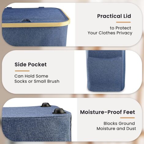 Dirty Laundry Basket Collapsible Laundry Basket with Lid, Dirty Laundry Basket Bamboo Wicker Laundry Basket with Removable Laundry Bag for Laundry Storage, Laundry Basket Laundry Basket Blue 100L