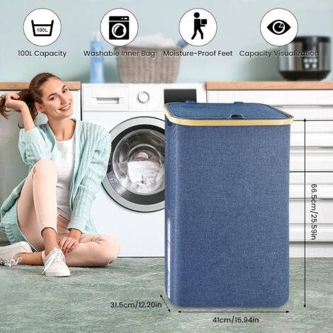 Dirty Laundry Basket Collapsible Laundry Basket with Lid, Dirty Laundry Basket Bamboo Wicker Laundry Basket with Removable Laundry Bag for Laundry Storage, Laundry Basket Laundry Basket Blue 100L