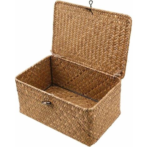 Handwoven natural wicker rectangular storage box with lid, natural rattan rectangular storage box (XXL size)