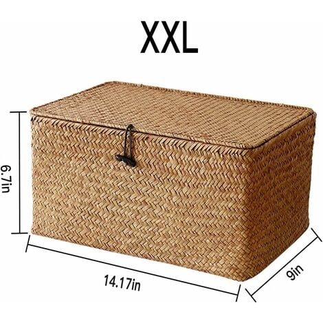 Handwoven natural wicker rectangular storage box with lid, natural rattan rectangular storage box (XXL size)