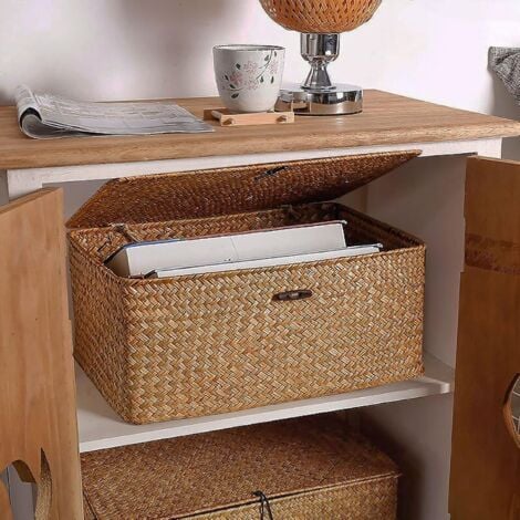 Handwoven natural wicker rectangular storage box with lid, natural rattan rectangular storage box (XXL size)