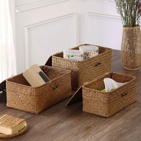 Handwoven natural wicker rectangular storage box with lid, natural rattan rectangular storage box (XXL size)