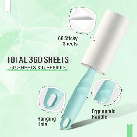 Clothes Adhesive Roller, Pet Hair Lint Roller, 6 Rolls with 1 Dispenser, Lint Remover, for Hair, Cat Hair, Dog Hair, Clothes - 60 Sheets/Roll