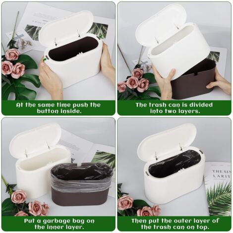 Table Trash Can with Lid, Mini Table Trash Can for Kitchen, Bathroom, Office, Toilet, Car Bed, Smell Proof (White)