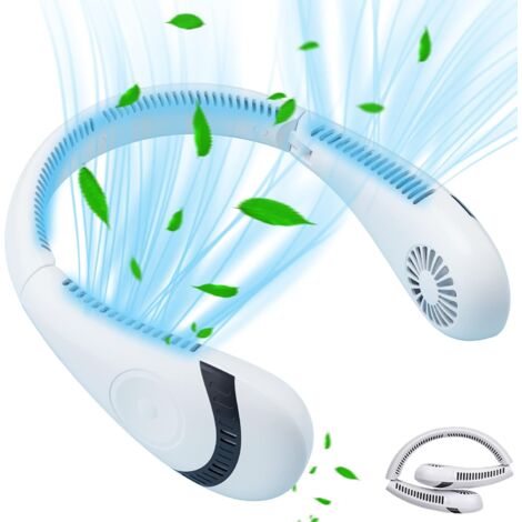 Portable Neck Fan, USB Fan 5000mAh Bladeless Quiet Work 16h Max Person Necklace Neck Fan Cooler Rechargeable 3 Speeds (Folding-nature white) (1/5)