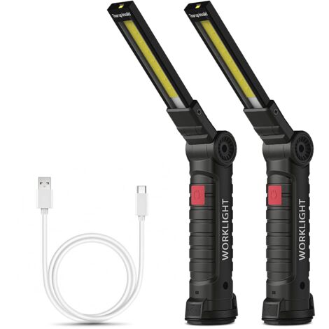 Rechargeable Work Light Workshop Lamp COB Torch Flashlight with Magnetic Base 5 Modes White/Red Light Camping Lamp for Garage, Camping, Emergency, etc (Large, 2 Pieces)