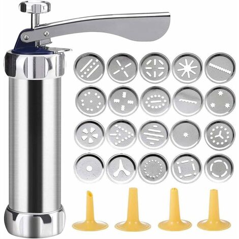 Cookie Press Aluminum Cookie Press Set, Pastry Press with 20 Attachments and 4 Piping Attachments for Thin Dough, Stainless Steel, Silver (1/5)