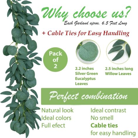 Set of 2 - Artificial Eucalyptus Garland with Willow Vines, 6.5' Long Faux Eucalyptus Greenery, Silver Eucalyptus Leaves, Faux Greenery Garland