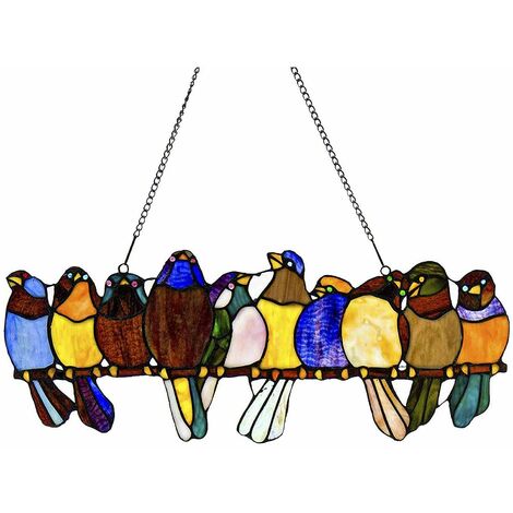 River of Goods Stained Glass Window Panel with Birds on a Wire, 9.5" Tall, Multicolor
