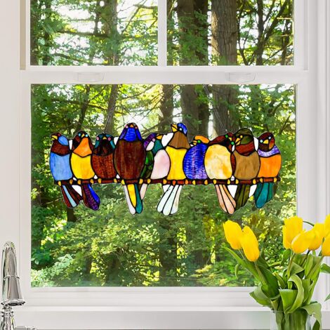 River of Goods Stained Glass Window Panel with Birds on a Wire, 9.5" Tall, Multicolor