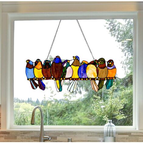 River of Goods Stained Glass Window Panel with Birds on a Wire, 9.5" Tall, Multicolor