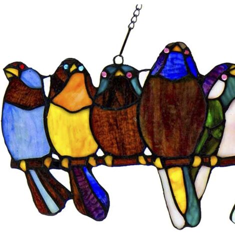 River of Goods Stained Glass Window Panel with Birds on a Wire, 9.5" Tall, Multicolor