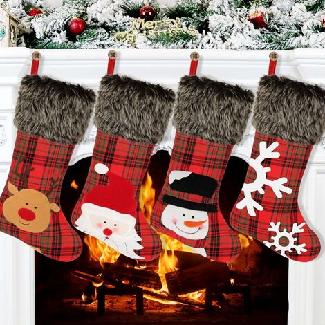 Christmas Stockings, 4 PackBig Stockings, Plaid Style Burlap with Snowflake Santa Snowman Reindeer Plush Faux Fur Stocking Pack
