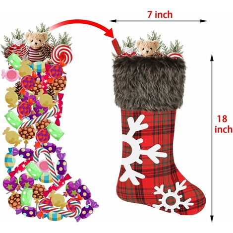 Christmas Stockings, 4 PackBig Stockings, Plaid Style Burlap with Snowflake Santa Snowman Reindeer Plush Faux Fur Stocking Pack