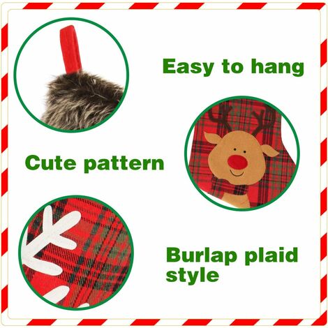 Christmas Stockings, 4 PackBig Stockings, Plaid Style Burlap with Snowflake Santa Snowman Reindeer Plush Faux Fur Stocking Pack