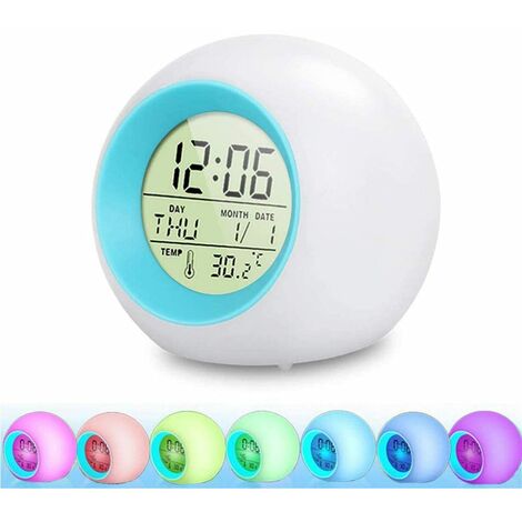LED Alarm Clock for Kids, 7 Color LED Light Alarm Clock, 12/24 Hour Digital Clock, 8 Wake Up Ringtones, Luminous Alarm Clock with Date and Temperature, Wake-Up Light