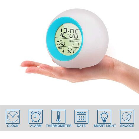 LED Alarm Clock for Kids, 7 Color LED Light Alarm Clock, 12/24 Hour Digital Clock, 8 Wake Up Ringtones, Luminous Alarm Clock with Date and Temperature, Wake-Up Light