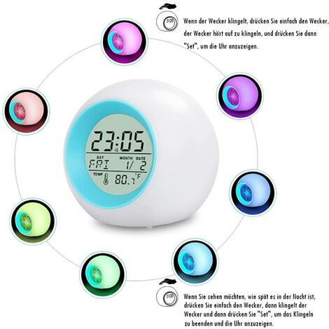 LED Alarm Clock for Kids, 7 Color LED Light Alarm Clock, 12/24 Hour Digital Clock, 8 Wake Up Ringtones, Luminous Alarm Clock with Date and Temperature, Wake-Up Light
