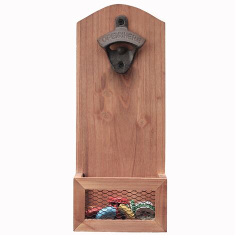 Bottle Opener with Cap Collector, Vintage Wooden Wall Mounted Bottle Opener for Men and Beer Lovers