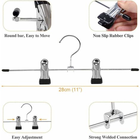 Metal Trouser Hangers, Clip Hangers, Trouser Hangers, Trouser Hangers with Adjustable Chrome Clips, Metal Hangers, Anti-Wrinkle Skirt Hangers, Space Saving Hangers, Pack of 40