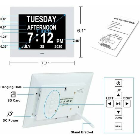 Extra Large Digital Calendar Clock, Date, Time and Day, Clock for Visually Impaired Seniors, 8 Alarm Options, White