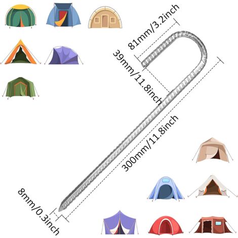 10 Pack Ground Anchors, Galvanized Steel Tent Pegs, J-Hook Fixing Pegs, 12 Inch Trampoline Canopy Heavy Duty Steel Ground Anchor
